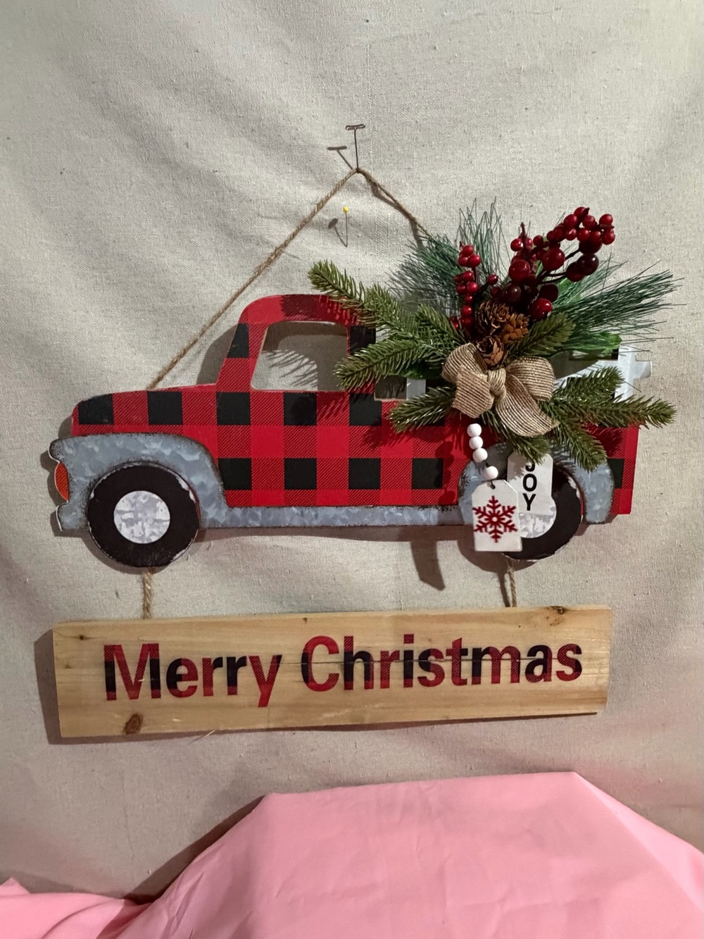 Red Buffalo Plaid Truck Merry Christmas Wall Hanging